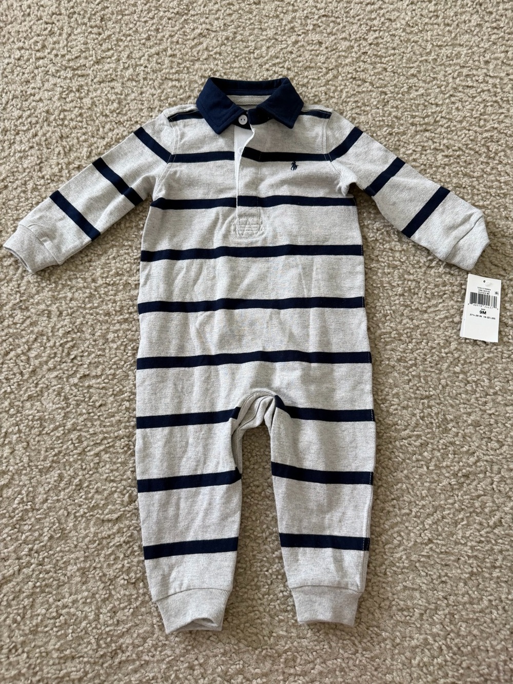Ralph Lauren Gray and Navy Striped Long-Sleeve One-Piece